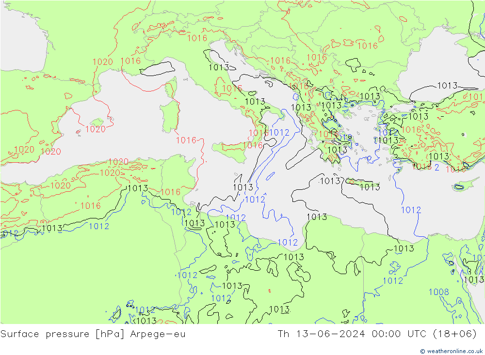 Presión superficial Arpege-eu jue 13.06.2024 00 UTC