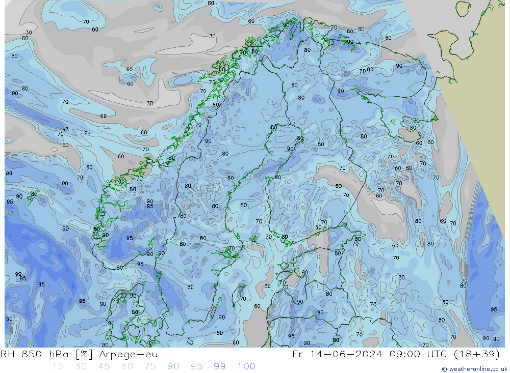 RH 850 hPa Arpege-eu Fr 14.06.2024 09 UTC