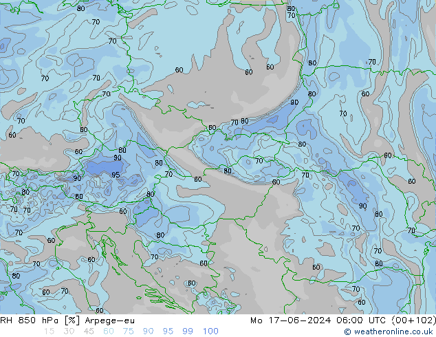 RH 850 hPa Arpege-eu pon. 17.06.2024 06 UTC