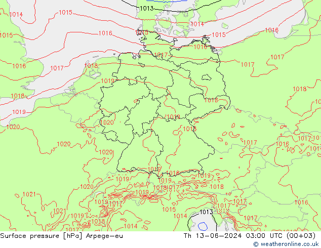 Pressione al suolo Arpege-eu gio 13.06.2024 03 UTC