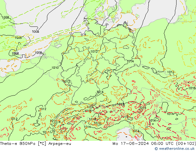 Theta-e 850hPa Arpege-eu lun 17.06.2024 06 UTC