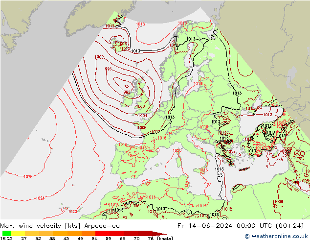 Max. wind velocity Arpege-eu пт 14.06.2024 00 UTC