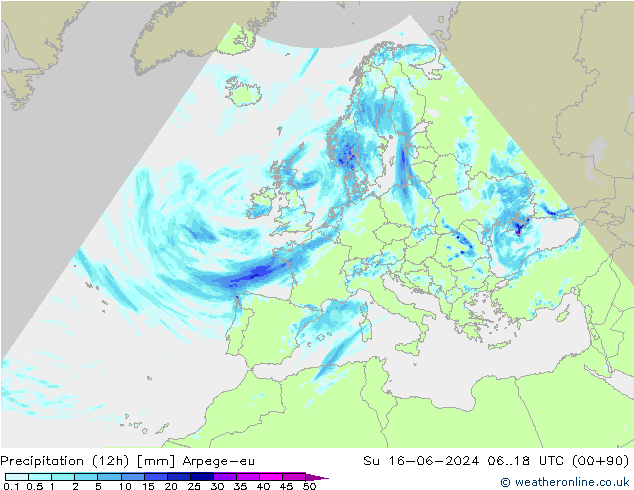 Precipitación (12h) Arpege-eu dom 16.06.2024 18 UTC