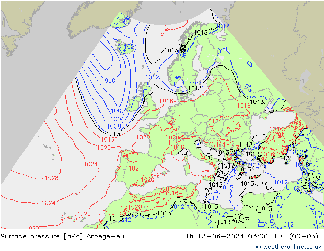 Atmosférický tlak Arpege-eu Čt 13.06.2024 03 UTC