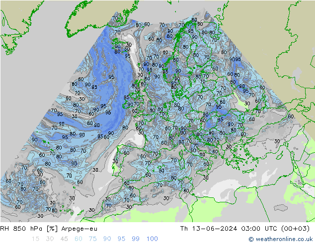 RH 850 hPa Arpege-eu Do 13.06.2024 03 UTC