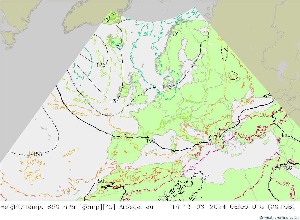 Height/Temp. 850 hPa Arpege-eu Čt 13.06.2024 06 UTC