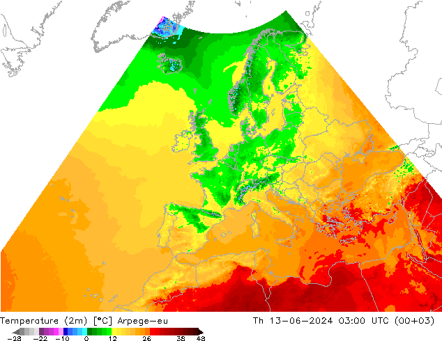 Temperaturkarte (2m) Arpege-eu Do 13.06.2024 03 UTC