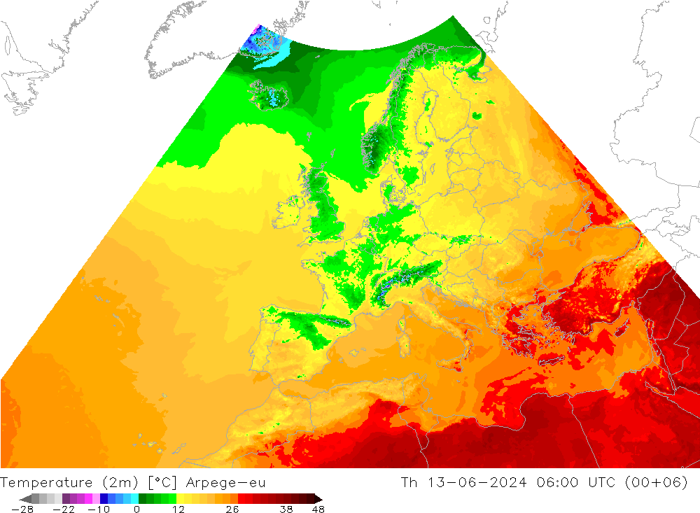 Temperatuurkaart (2m) Arpege-eu do 13.06.2024 06 UTC
