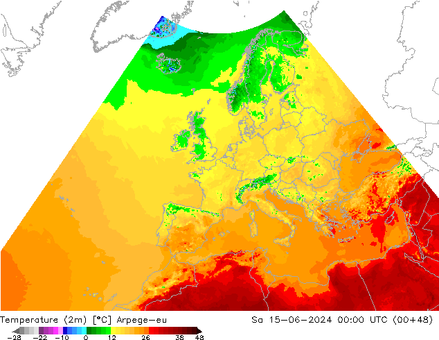 Temperaturkarte (2m) Arpege-eu Sa 15.06.2024 00 UTC