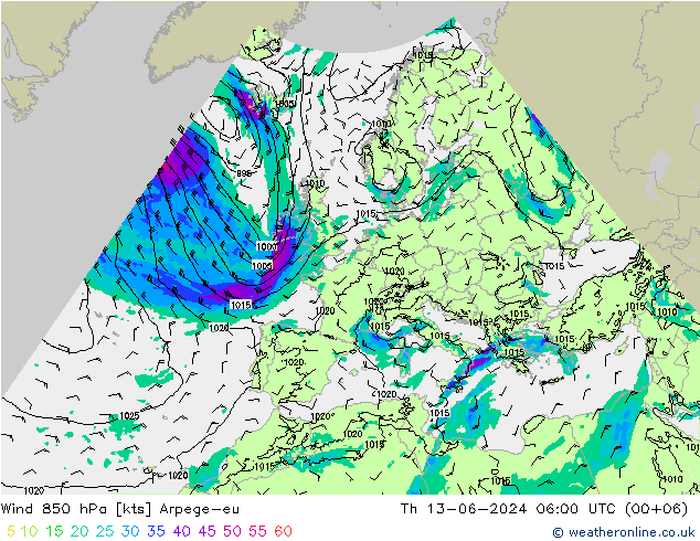Wind 850 hPa Arpege-eu Do 13.06.2024 06 UTC
