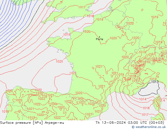 Presión superficial Arpege-eu jue 13.06.2024 03 UTC