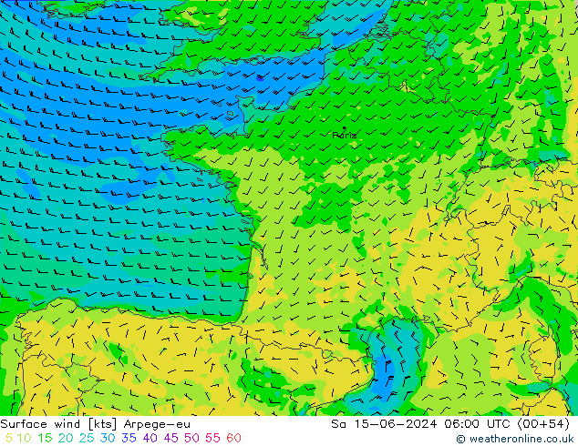 Vento 10 m Arpege-eu Sáb 15.06.2024 06 UTC