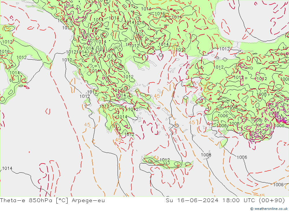 Theta-e 850hPa Arpege-eu nie. 16.06.2024 18 UTC