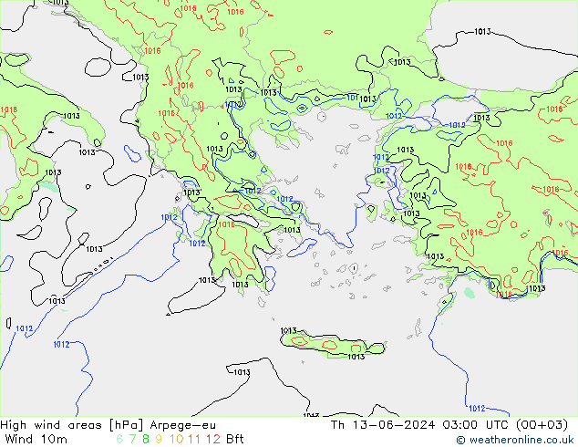 High wind areas Arpege-eu Čt 13.06.2024 03 UTC
