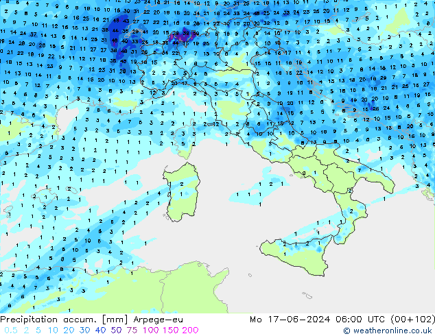 Totale neerslag Arpege-eu ma 17.06.2024 06 UTC