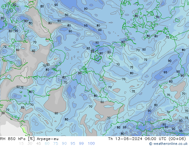 RH 850 hPa Arpege-eu Do 13.06.2024 06 UTC