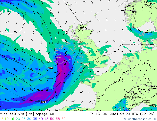 Wind 850 hPa Arpege-eu Čt 13.06.2024 06 UTC
