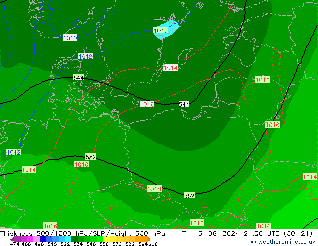 Thck 500-1000hPa Arpege-eu Th 13.06.2024 21 UTC