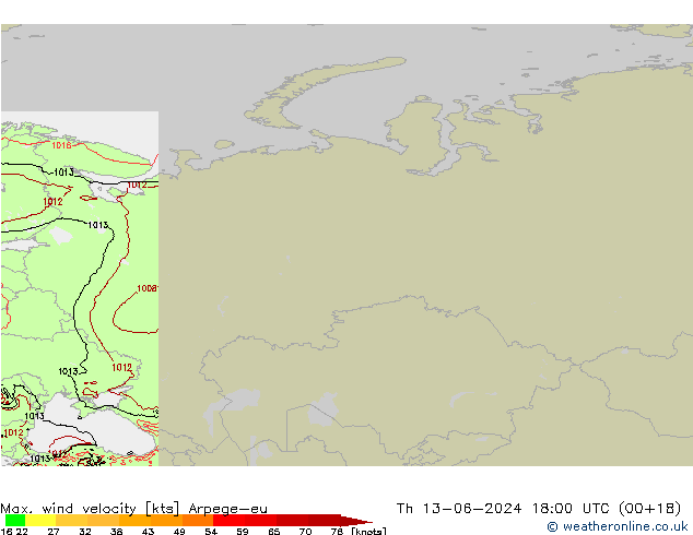 Max. wind velocity Arpege-eu Qui 13.06.2024 18 UTC