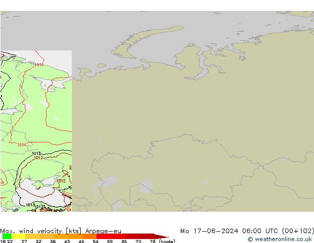Max. wind velocity Arpege-eu lun 17.06.2024 06 UTC