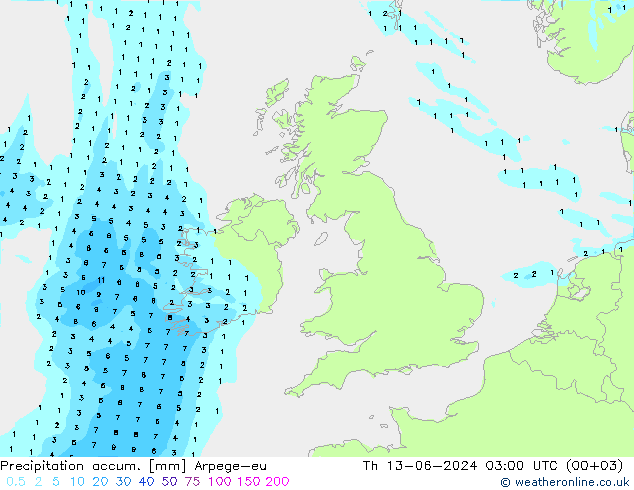 Precipitation accum. Arpege-eu czw. 13.06.2024 03 UTC