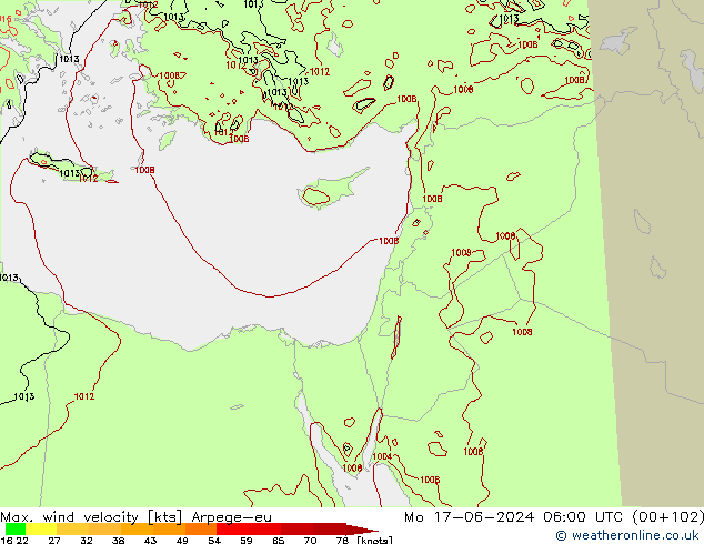 Max. wind velocity Arpege-eu lun 17.06.2024 06 UTC