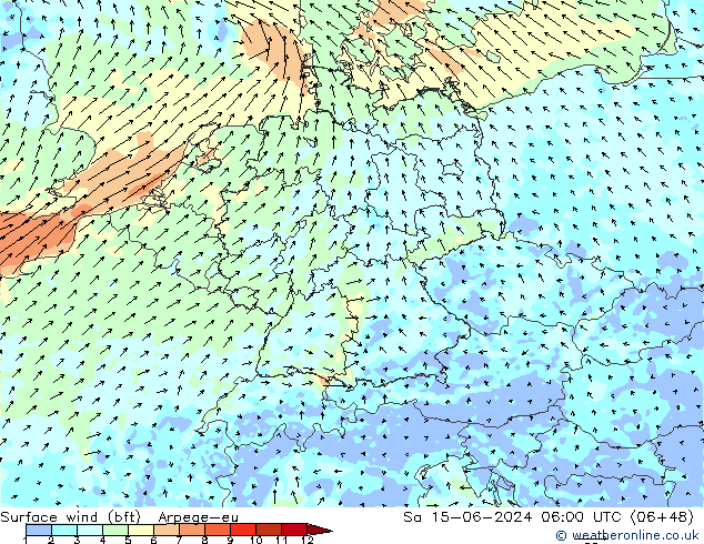 Surface wind (bft) Arpege-eu Sa 15.06.2024 06 UTC