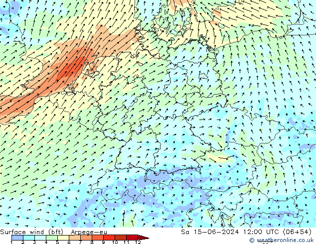 Surface wind (bft) Arpege-eu Sa 15.06.2024 12 UTC