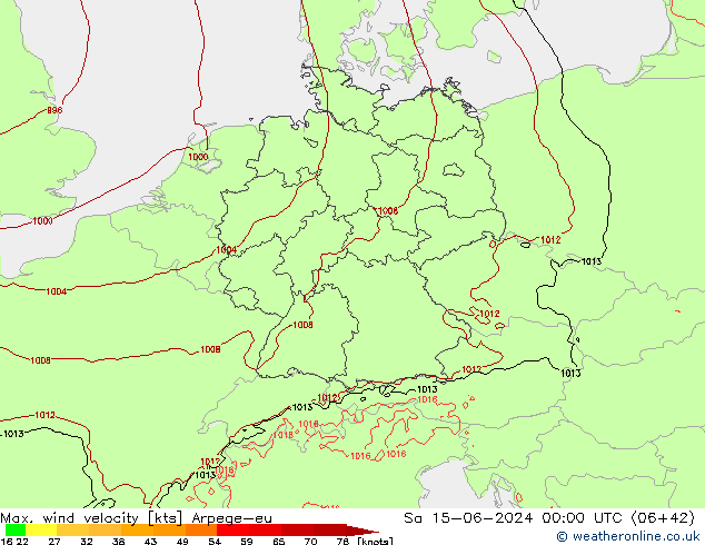 Max. wind velocity Arpege-eu Sáb 15.06.2024 00 UTC