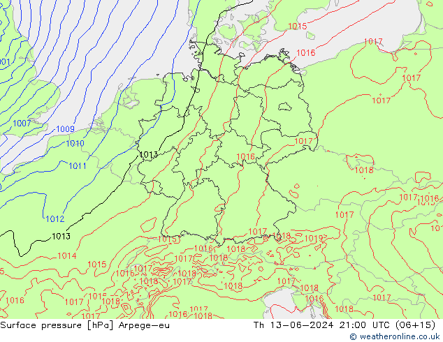 Surface pressure Arpege-eu Th 13.06.2024 21 UTC