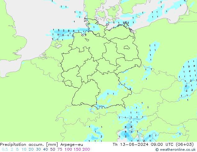 Precipitation accum. Arpege-eu gio 13.06.2024 09 UTC