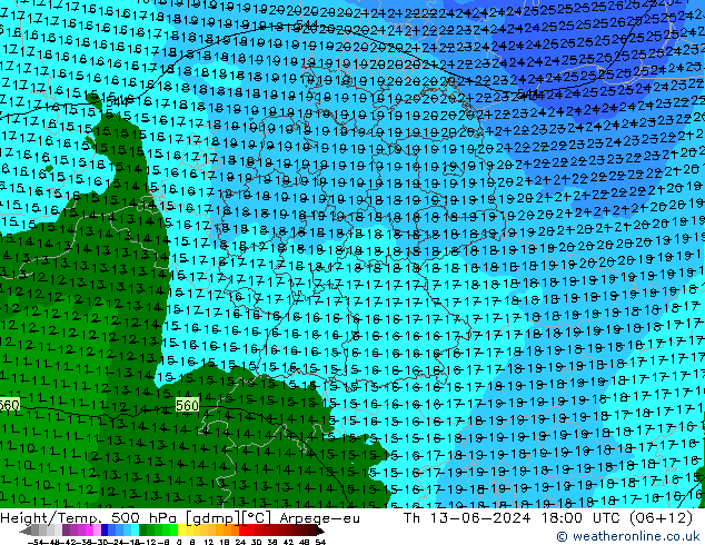 Height/Temp. 500 hPa Arpege-eu gio 13.06.2024 18 UTC