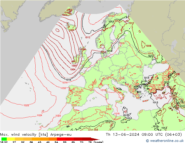 Max. wind velocity Arpege-eu gio 13.06.2024 09 UTC