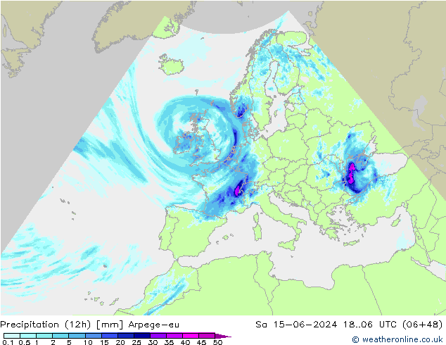 Precipitação (12h) Arpege-eu Sáb 15.06.2024 06 UTC