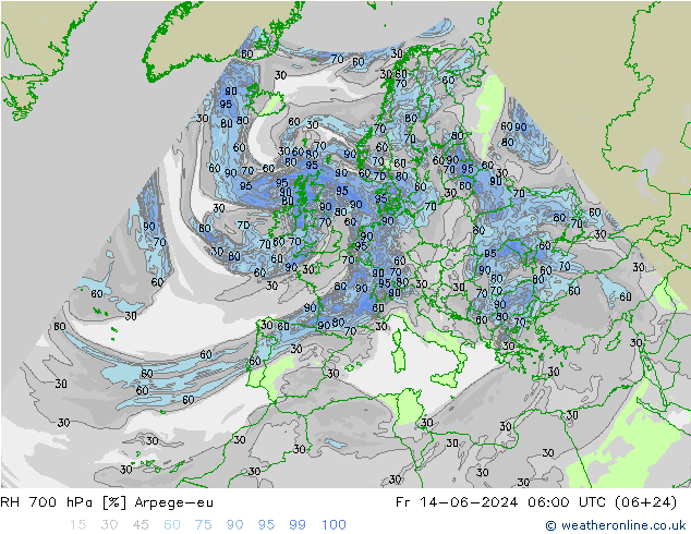 RH 700 hPa Arpege-eu 星期五 14.06.2024 06 UTC