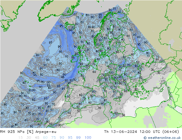 RH 925 hPa Arpege-eu 星期四 13.06.2024 12 UTC