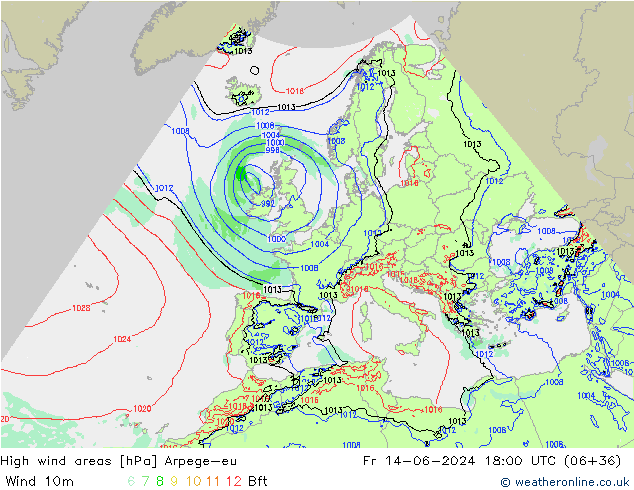 High wind areas Arpege-eu Sex 14.06.2024 18 UTC