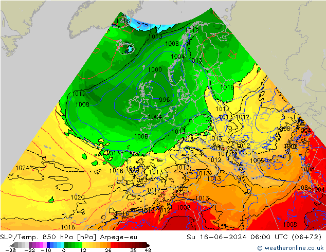 SLP/Temp. 850 hPa Arpege-eu Ne 16.06.2024 06 UTC