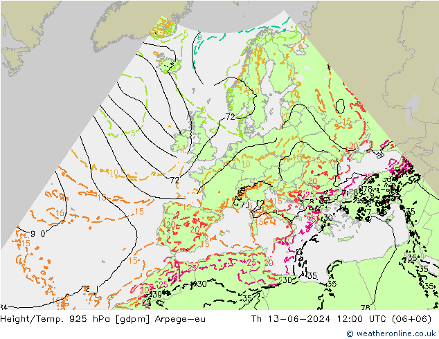 Height/Temp. 925 hPa Arpege-eu Th 13.06.2024 12 UTC