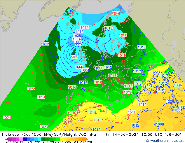 Espesor 700-1000 hPa Arpege-eu vie 14.06.2024 12 UTC