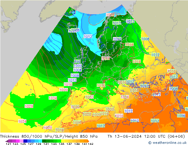 Dikte 850-1000 hPa Arpege-eu do 13.06.2024 12 UTC