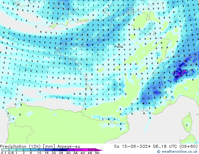 Precipitación (12h) Arpege-eu sáb 15.06.2024 18 UTC