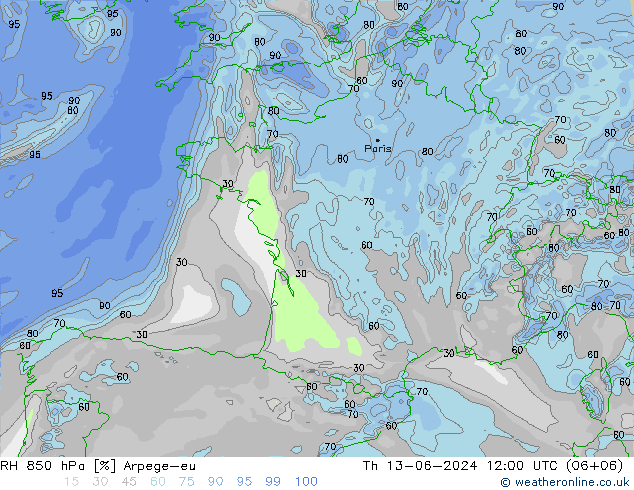 Humidité rel. 850 hPa Arpege-eu jeu 13.06.2024 12 UTC