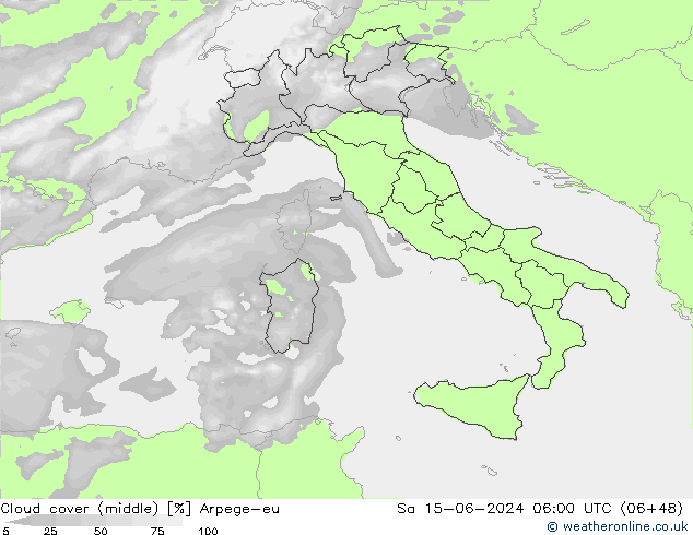 Cloud cover (middle) Arpege-eu Sa 15.06.2024 06 UTC