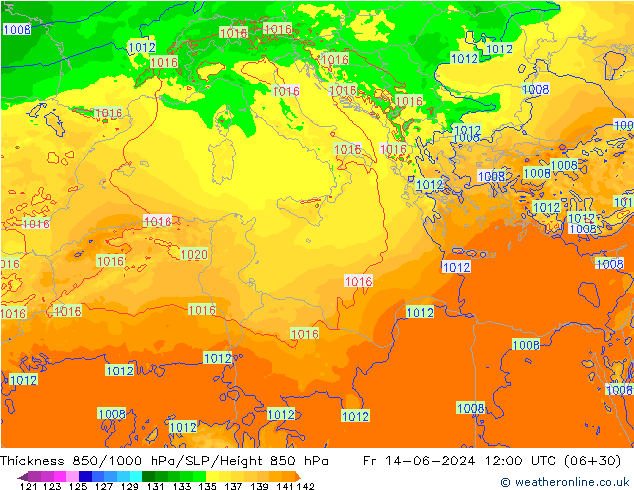 Dikte 850-1000 hPa Arpege-eu vr 14.06.2024 12 UTC