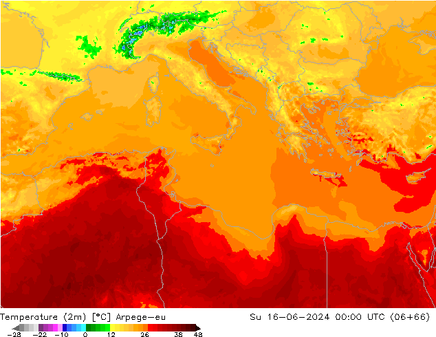 Temperaturkarte (2m) Arpege-eu So 16.06.2024 00 UTC