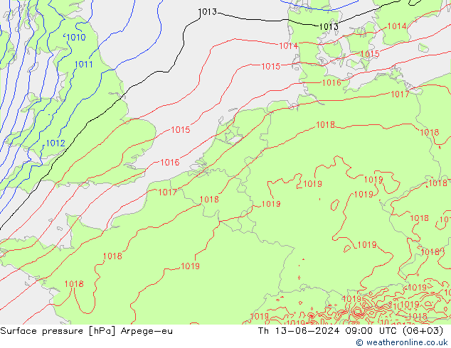 Atmosférický tlak Arpege-eu Čt 13.06.2024 09 UTC