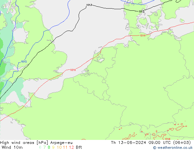 High wind areas Arpege-eu  13.06.2024 09 UTC