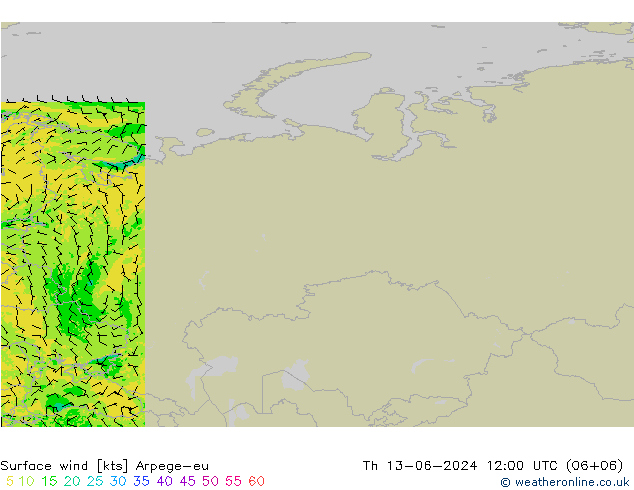 Surface wind Arpege-eu Čt 13.06.2024 12 UTC