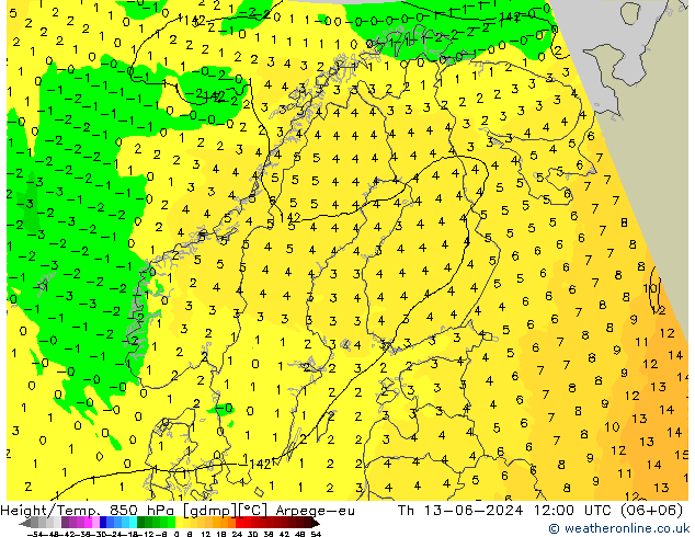 Height/Temp. 850 hPa Arpege-eu Th 13.06.2024 12 UTC